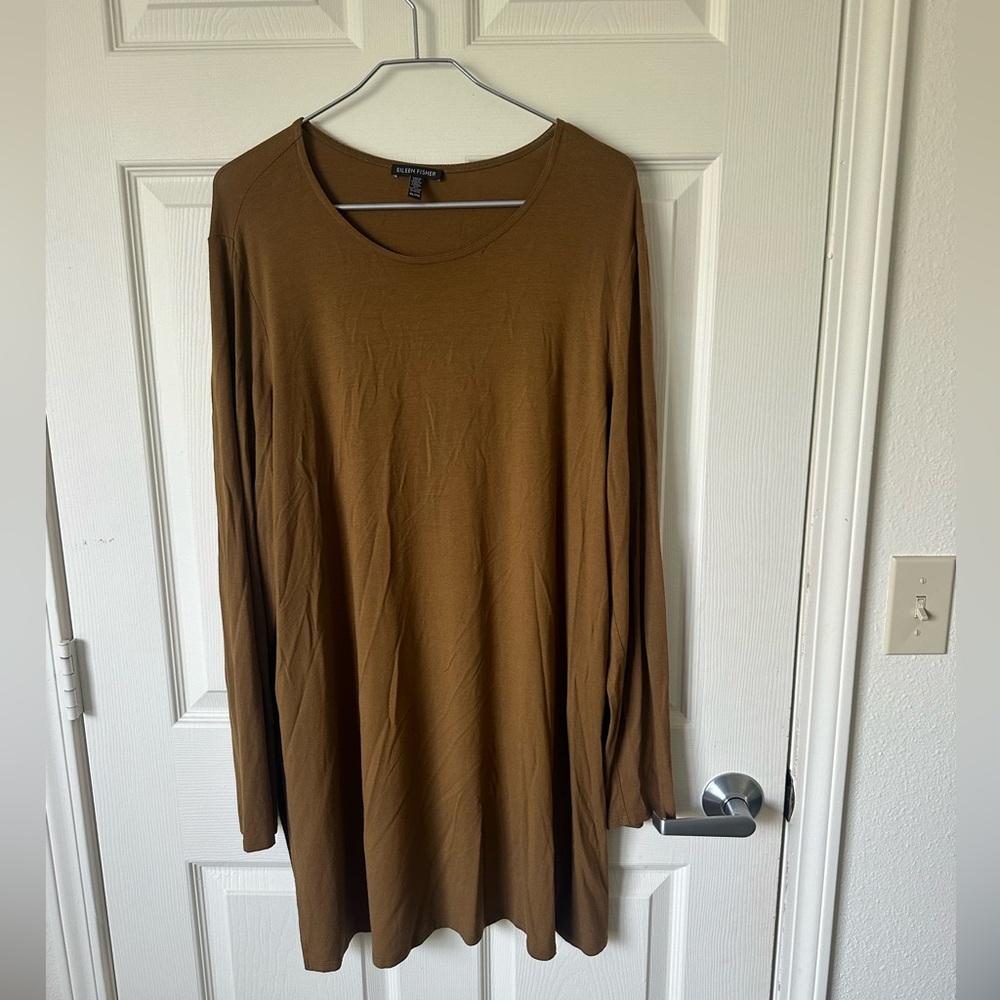 EILEEN FISHER XL Long Sleeve Tunic Top in Brown.